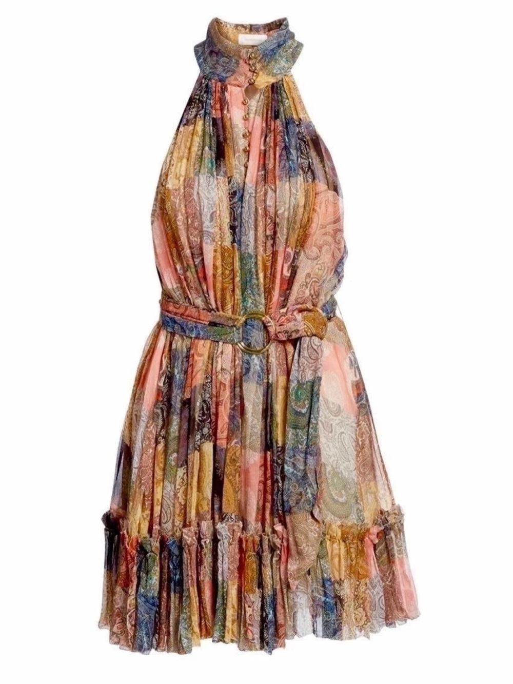 Zimmermann Silk Paisley Patchwork Cocktail Dress Size 2 Medium Belted Halter